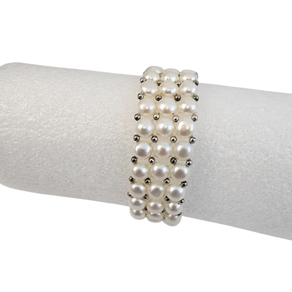 White Pearl Bracelet 3 Tiers Silver Beads Genuine Pearls Art Deco + A0362 Q7